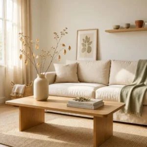 Botanical minimalist interiors with soft natural textures, warm sunlight, and organic Scandinavian decor