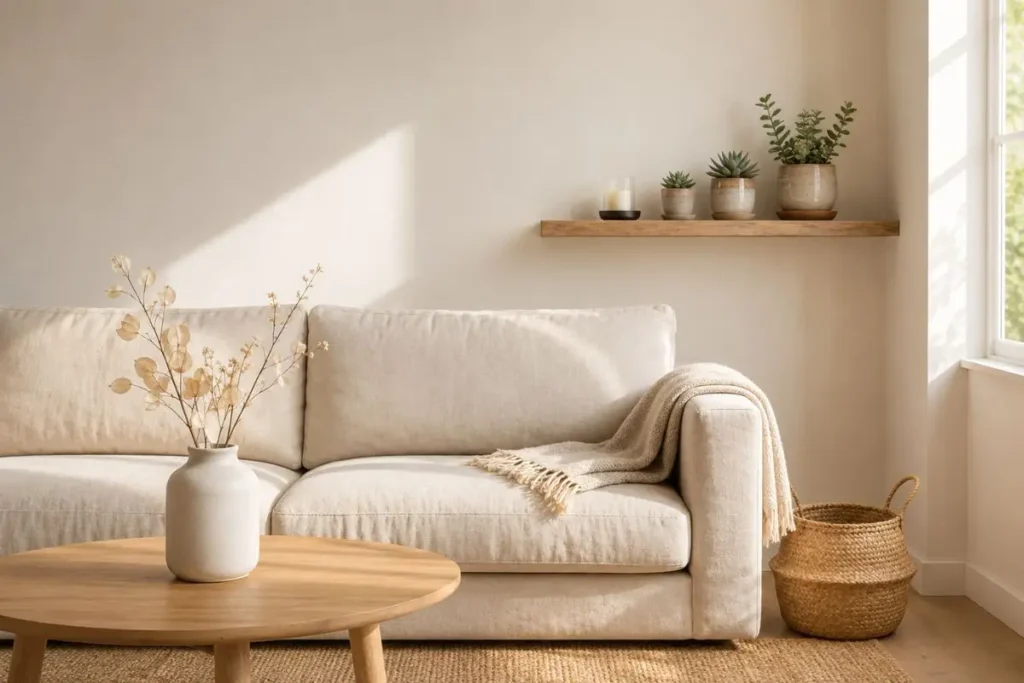 Botanical minimalist living room with soft neutral decor, natural textures, dried branches, and warm sunlight