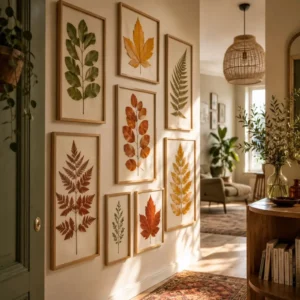 Pressed leaf gallery wall with colorful botanical frames in a warm Scandinavian-style interior