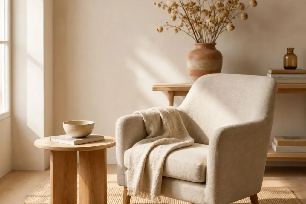 Cozy botanical minimalist reading corner with linen armchair, soft sunlight, and natural organic decor
