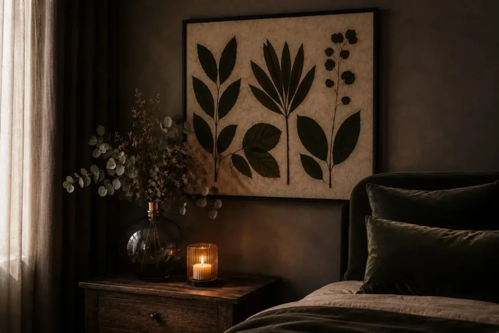 Cozy dark botanical bedroom retreat with pressed leaf wall art and candlelight