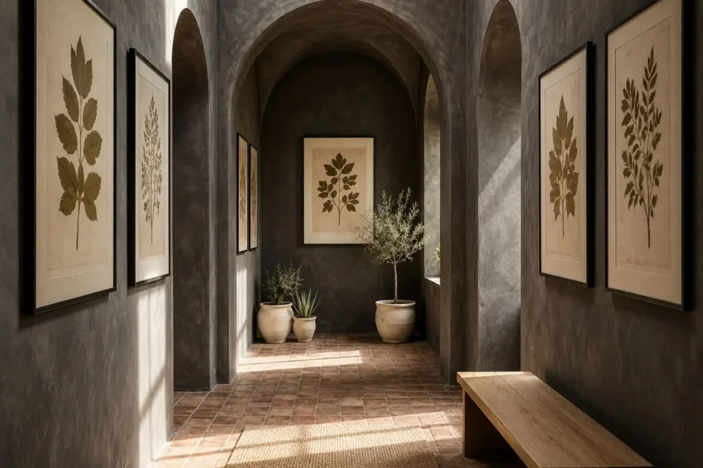 Dark botanical hallway with Mediterranean arches, oversized pressed leaf wall art, and elegant neutral ceramic planters