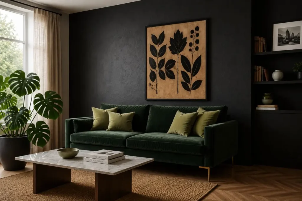 Sophisticated dark botanical living room with emerald green velvet sofa and elegant pressed leaf wall art