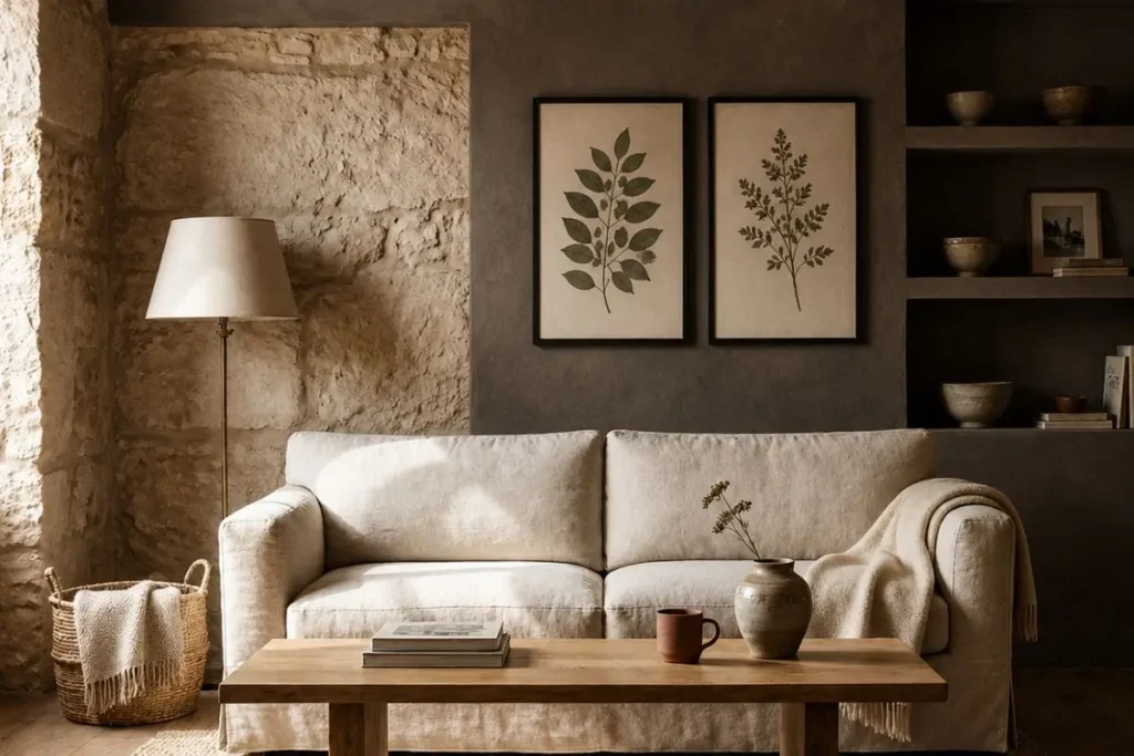 Dark botanical Mediterranean living room with pressed leaf wall art, charcoal textured wall, and dark wood coffee table
