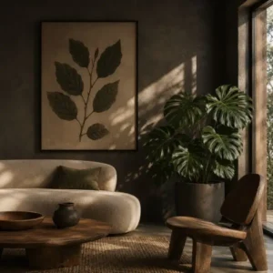 Dark botanical minimalist living room with oversized pressed leaf wall art and dramatic natural light