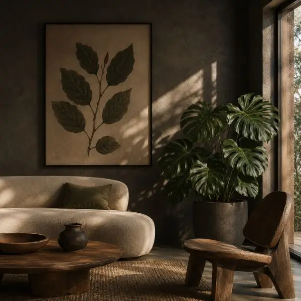 Dark botanical minimalist living room with oversized pressed leaf wall art and dramatic natural light
