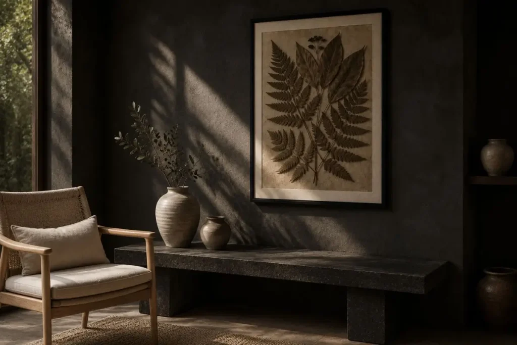 Dark botanical interior with layered stone textures, pressed leaf wall art, and Scandinavian lounge chair