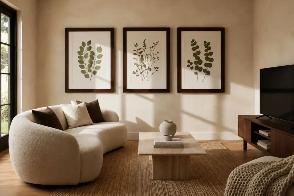 Scandinavian TV room with dark walnut botanical frames, neutral curved sofa, and minimalist organic decor.
