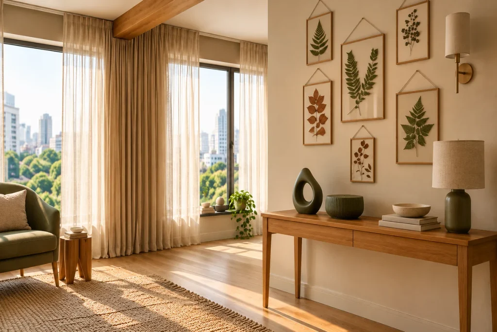 Floating botanical frames above a wooden console with olive green sculptures, sheer curtains, and natural light in a modern studio apartment.