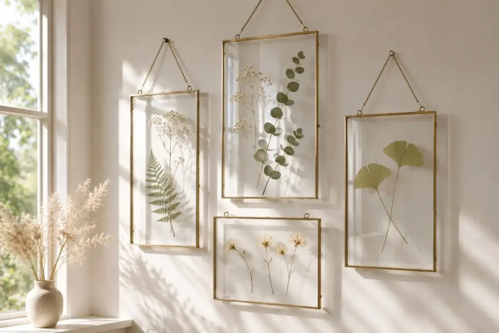 Floating glass botanical frames with pressed leaves and flowers in a minimalist modern interior