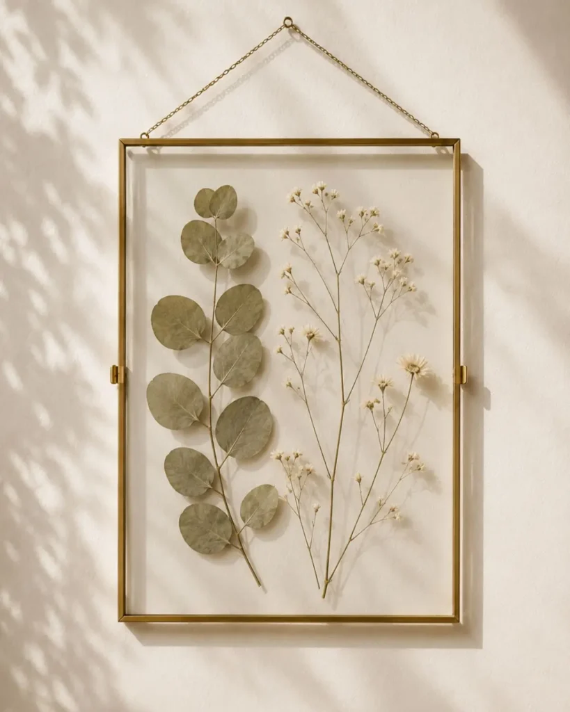 Pressed eucalyptus and dried wildflowers suspended inside floating glass herbarium frame with minimalist Scandinavian decor