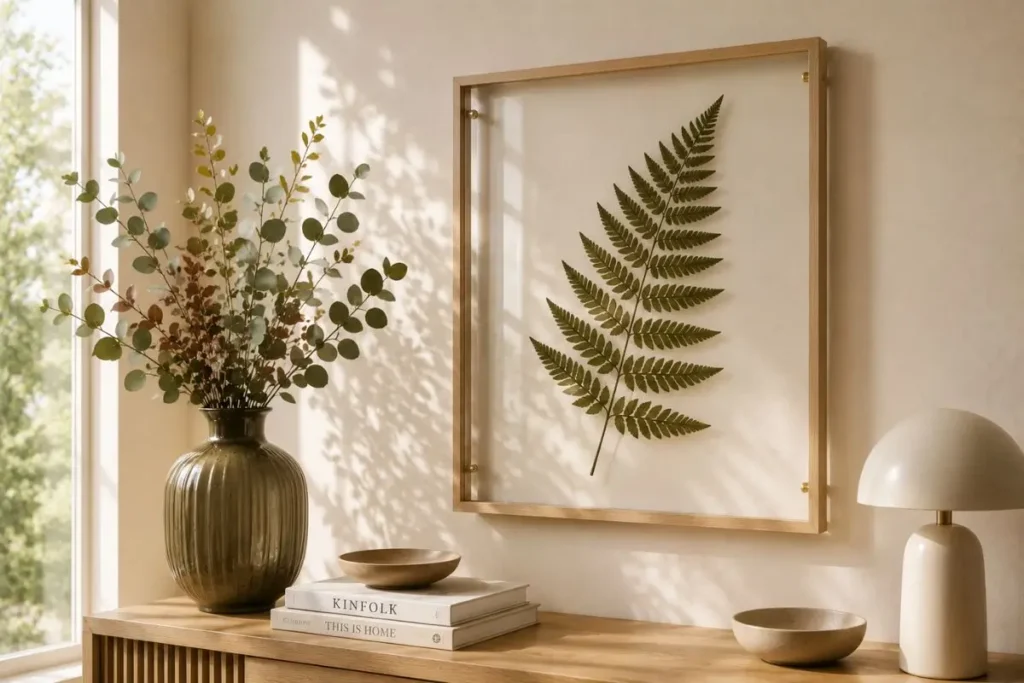 floating glass frame with pressed leaf wall art in minimalist beige interior