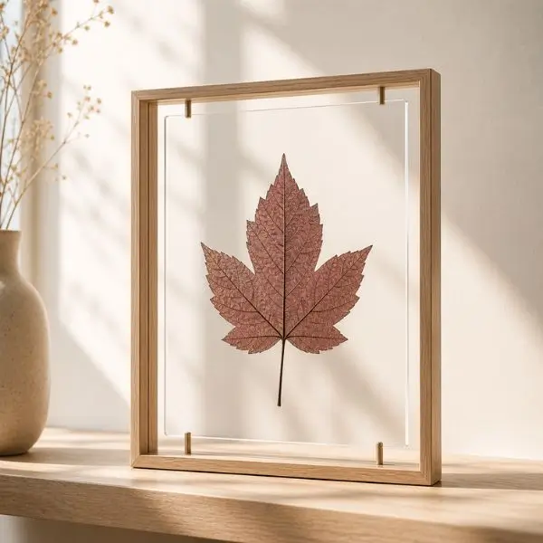 Floating pressed leaf wall art in a transparent glass frame with autumn tones and soft natural light in a minimalist interior