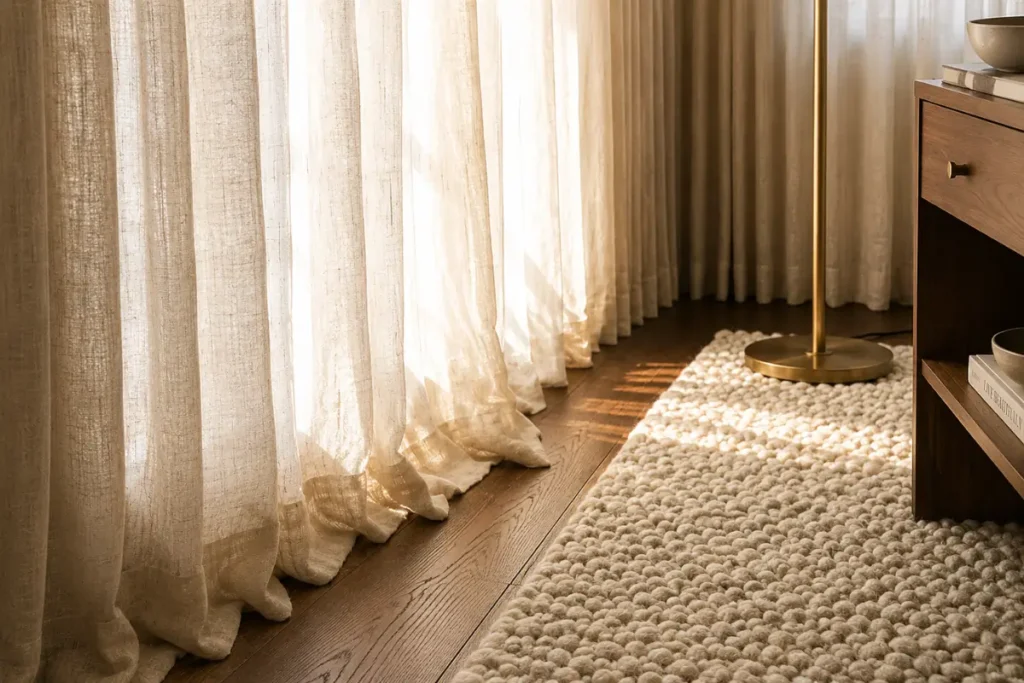 Floor-length linen curtains and textured neutral rug creating a warm and elegant luxury interior atmosphere.