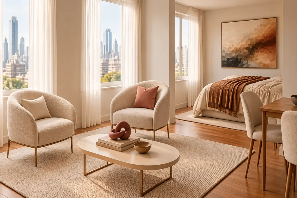 Cream bouclé armchair with a linen cushion and knit wool throw beside a fluted walnut side table and a travertine vase
