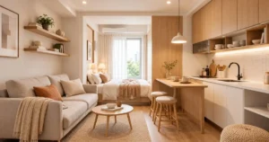 Studio apartment ideas that feel luxurious: beige sofa, light oak kitchen, warm wood furniture, soft linen curtains, and elegant neutral decor