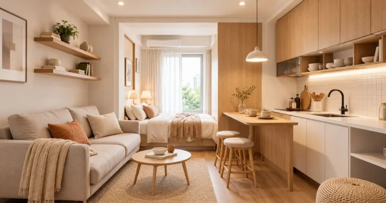 Studio apartment ideas that feel luxurious: beige sofa, light oak kitchen, warm wood furniture, soft linen curtains, and elegant neutral decor
