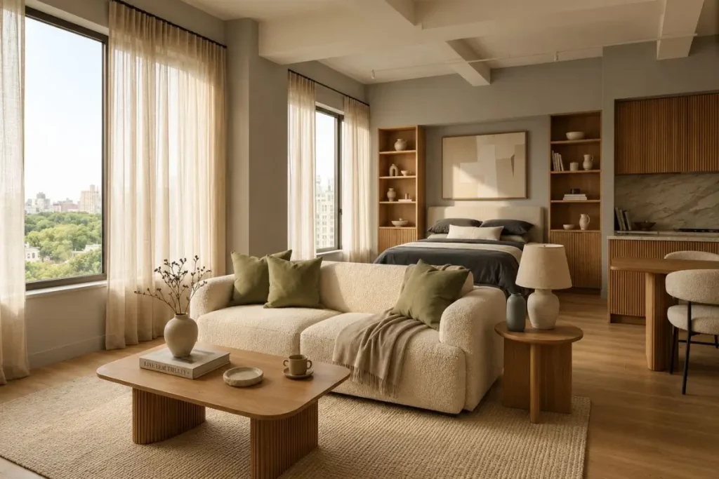 Luxurious studio apartment with warm neutral tones, olive green accents and modern organic decor