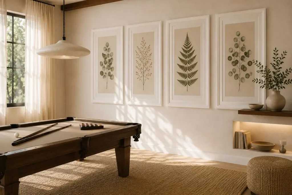 Bright luxury game room with white botanical wall frames, dark wood pool table, sculptural pendant light, and Scandinavian-organic decor.