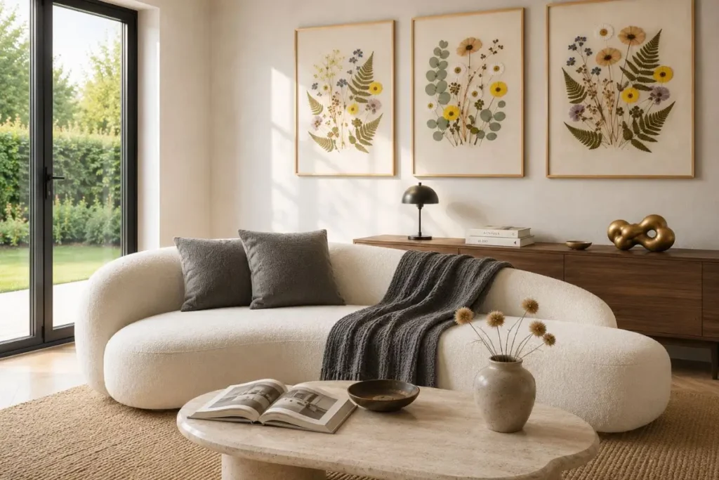 Elegant Scandinavian living room with cream curved sofa, dark charcoal throw blanket, gold botanical wall art, and organic luxury decor.