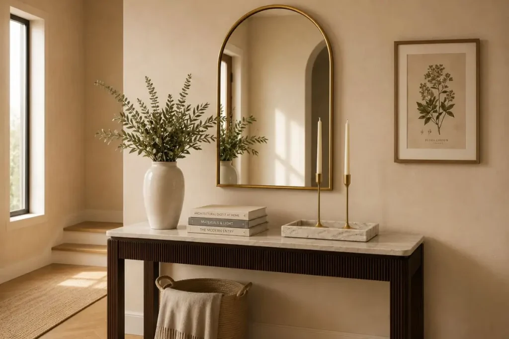 luxury console table styling with arched mirror, marble top, decorative books and neutral accessories