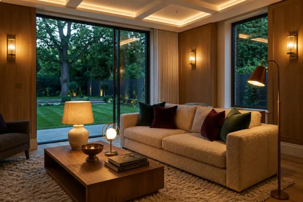 How to make your home look more expensive with layered lighting, warm ambient glow, and sophisticated living room decor.