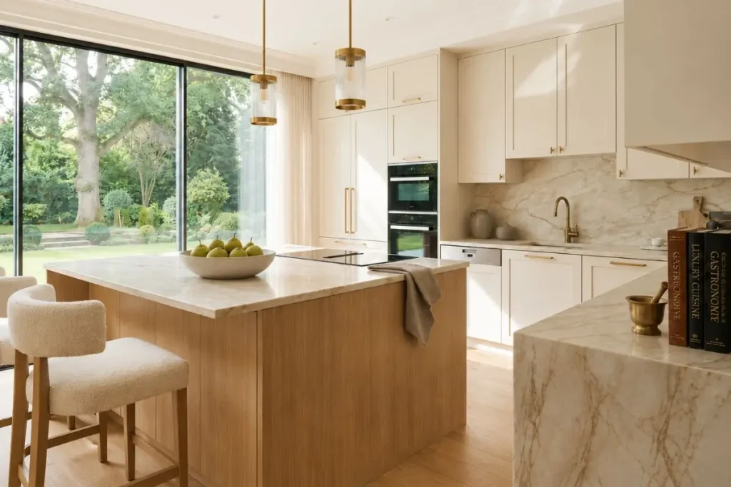 How to make your home look more expensive with warm neutral colors, marble textures, and elegant kitchen styling.