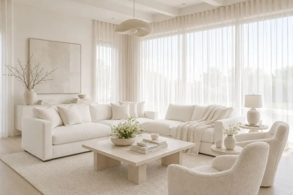 Bright off-white living room with floor-to-ceiling sheer curtains and soft luxury decor