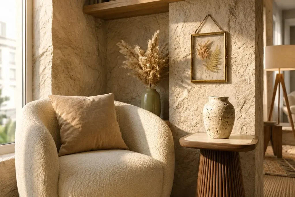 Luxury organic reading corner with boucle chair textured wall botanical frame and warm natural sunlight