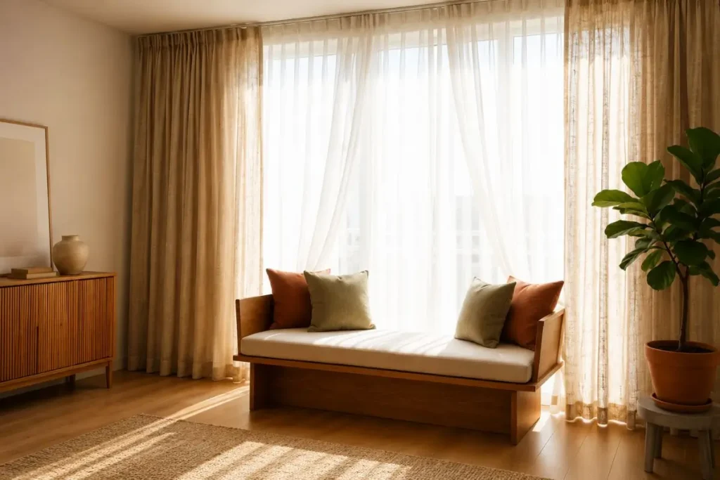 Luxury studio apartment with elegant floor-length linen curtains and warm modern organic decor
