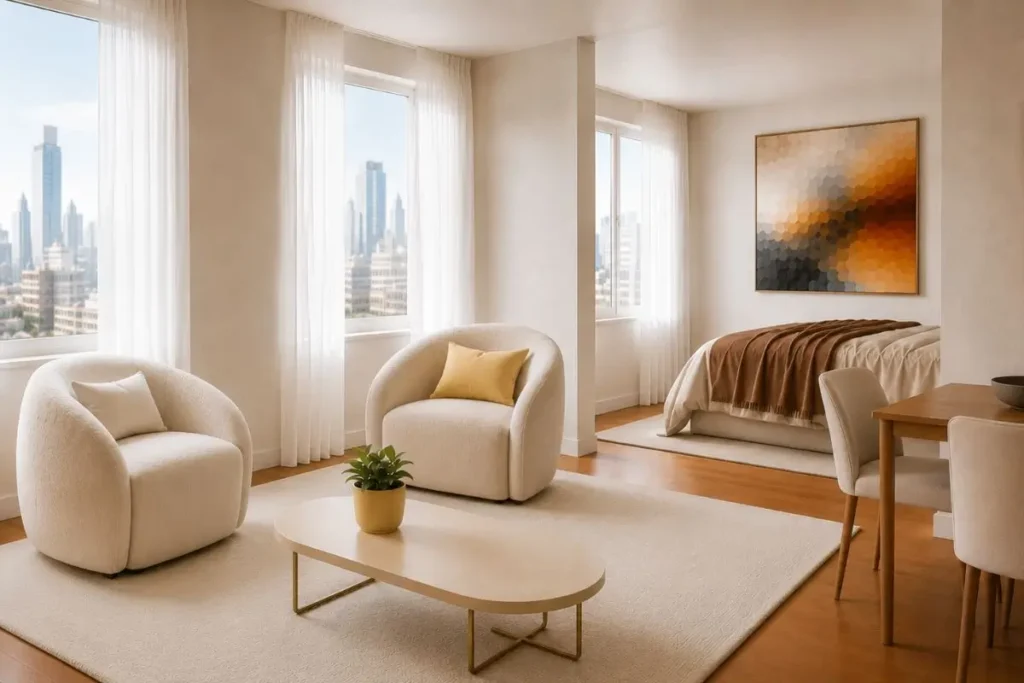 Luxury studio apartment with curved furniture soft minimalist decor and warm neutral tones