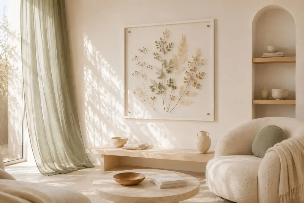 minimalist botanical living room with pressed leaf wall art and soft natural light