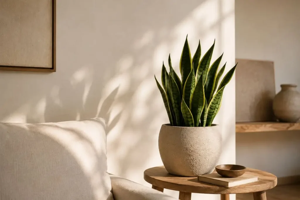 Minimalist botanical interior with snake plant in ceramic pot and soft natural sunlight