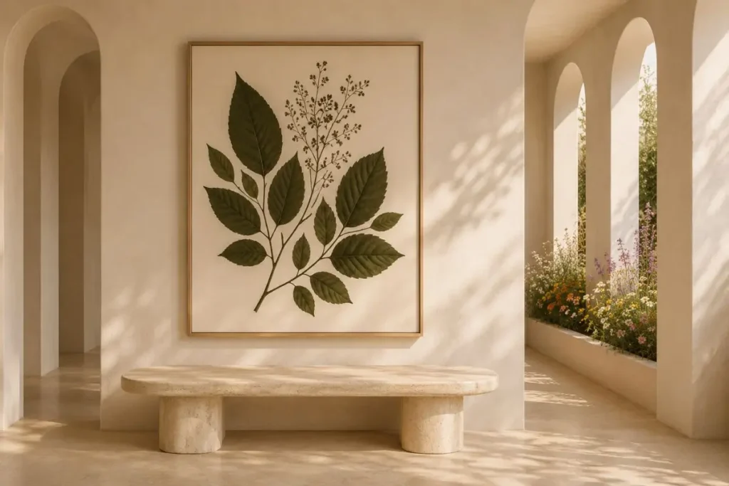 Neutral interiors with botanical decor featuring oversized dark green pressed leaf artwork, sculptural stone bench, Mediterranean arches, and colorful floral garden in a minimalist luxury hallway.