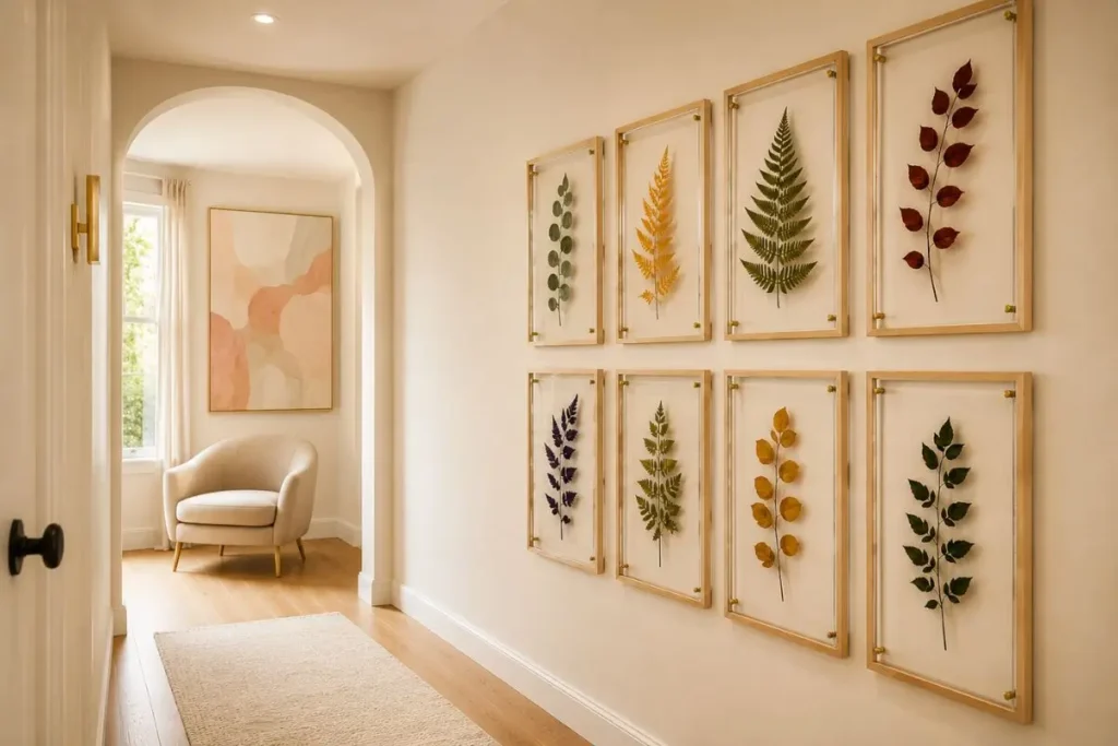 minimalist hallway with pressed leaf gallery wall and floating glass frames