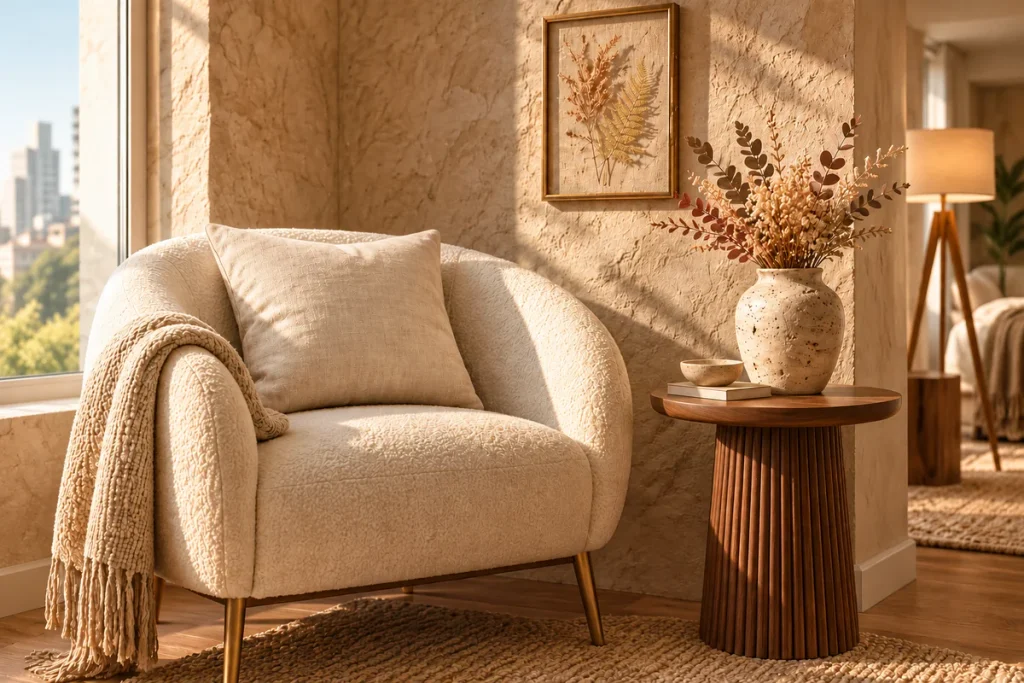 Cream bouclé armchair with a linen cushion and knit wool throw beside a fluted walnut side table and a travertine vase
