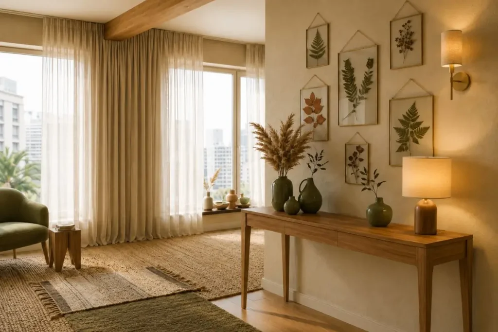 Floating Botanical Frames Create an Elegant Organic Atmosphere
Floating botanical frames create one of the most elegant and modern looks in organic interiors.
Pressed leaves and delicate flowers suspended between transparent glass panels add softness and visual lightness without overwhelming compact apartments.
Thin brass borders or matte black frames help create a refined and contemporary atmosphere that works beautifully in luxurious studio apartments.