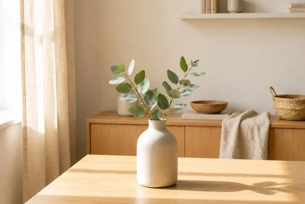 Natural light illuminating a botanical minimalist interior with soft neutral decor and eucalyptus branches