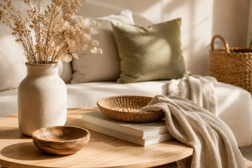 Natural textures in a botanical minimalist living room with linen fabric, wooden table, ceramic vase, and warm sunlight