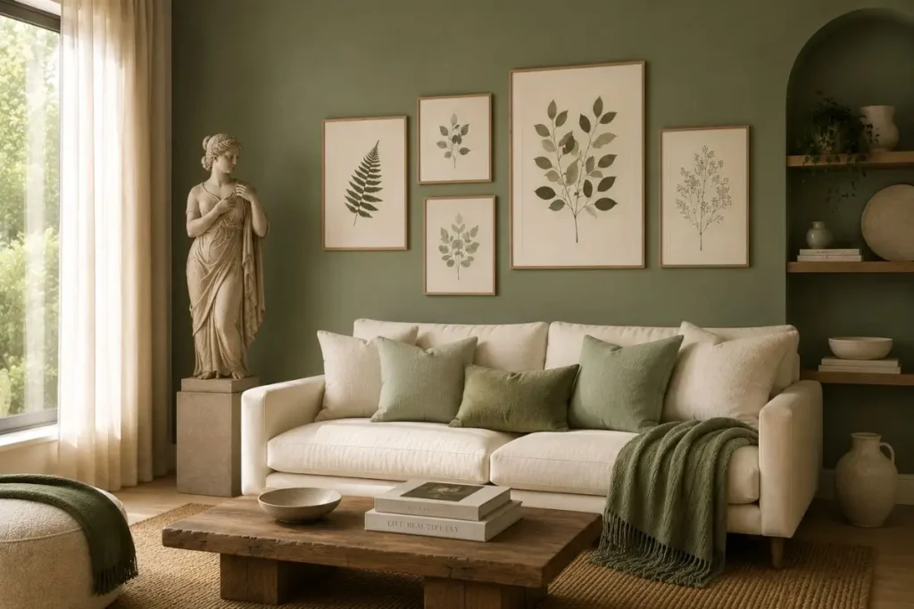 Neutral interiors with botanical decor featuring olive green walls, pressed botanical artwork, off white sofa, and sculptural statue in a luxurious organic interior.