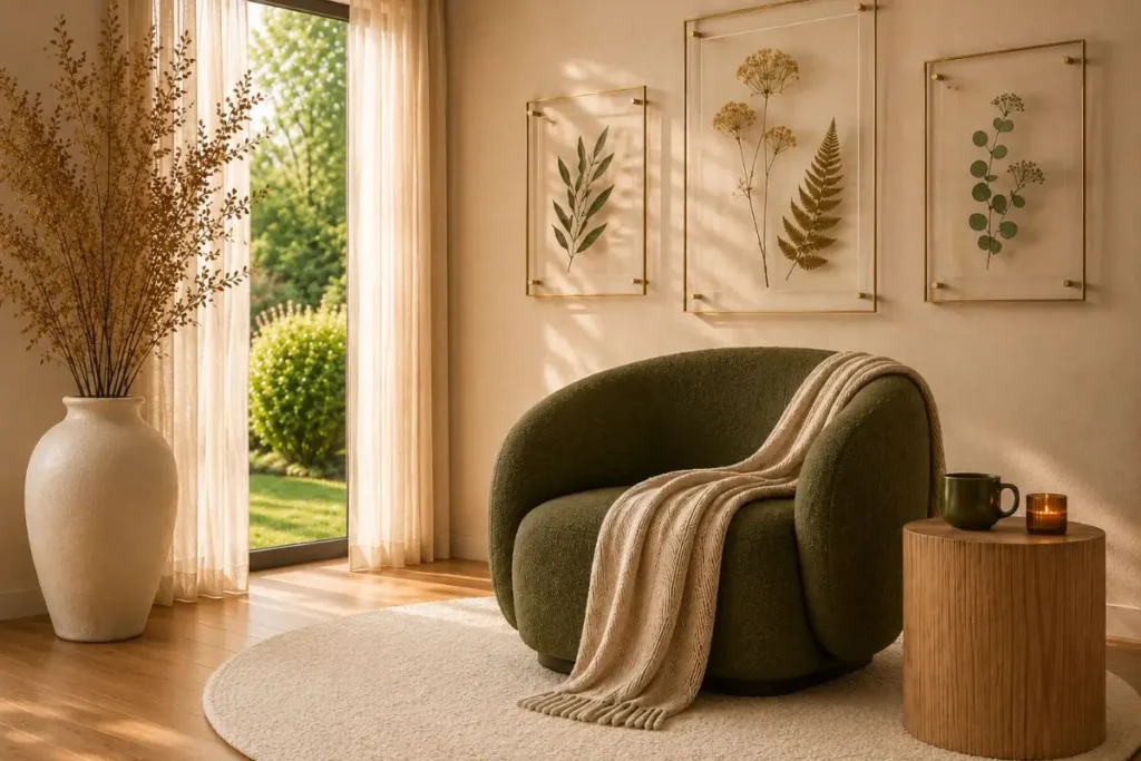 Organic modern reading corner with olive green armchair, floating botanical frames, off white rug and warm natural sunlight
