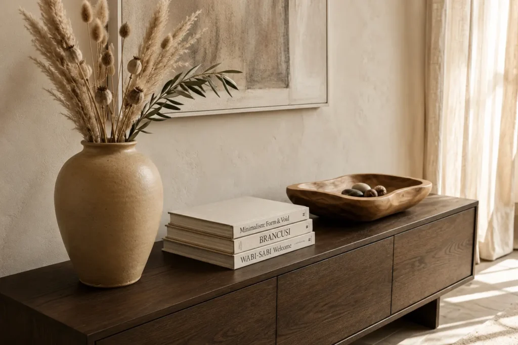 Organic textures and natural materials styled in an elegant luxury home interior with warm neutral decor.