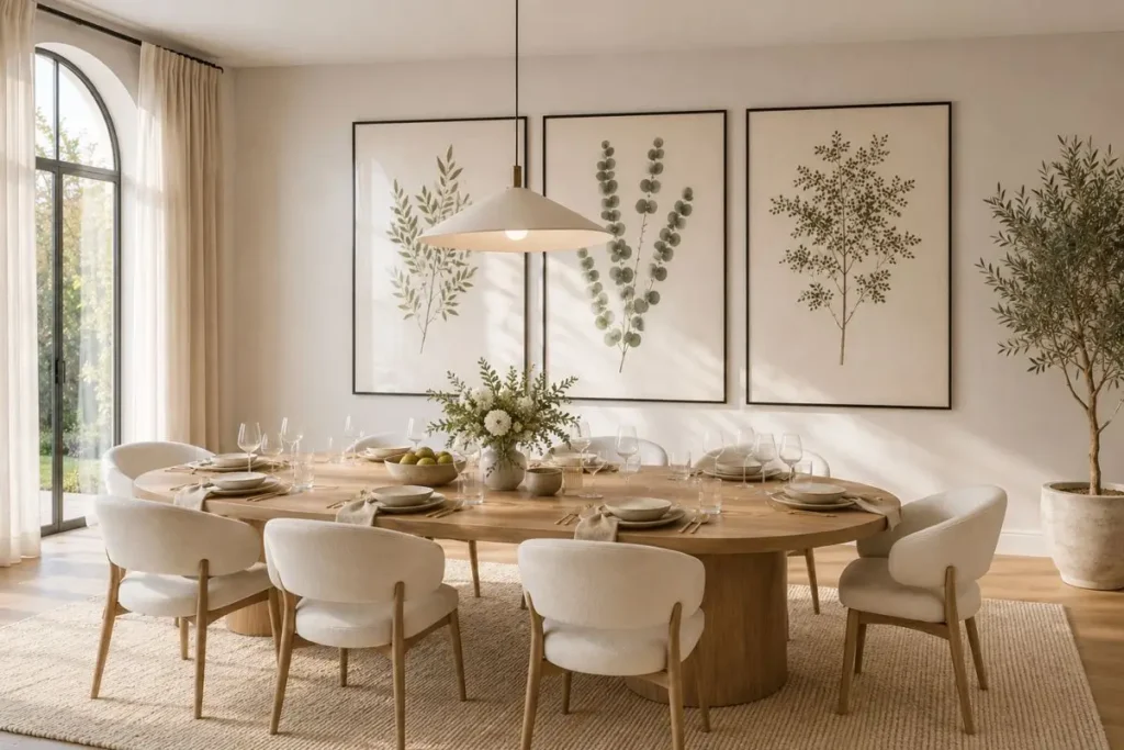 Bright Scandinavian dining room with oversized botanical wall art, elegant neutral table setting, sculptural pendant light, and organic luxury decor.