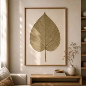 Oversized pressed leaf wall art in a large frame on a neutral wall with soft natural light in a minimalist interior