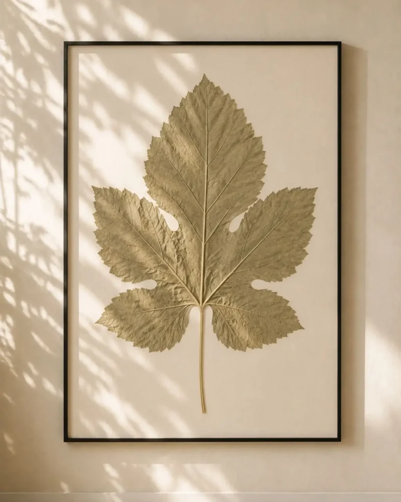 Oversized pressed mulberry leaf wall art in thin black frame with minimalist botanical decor