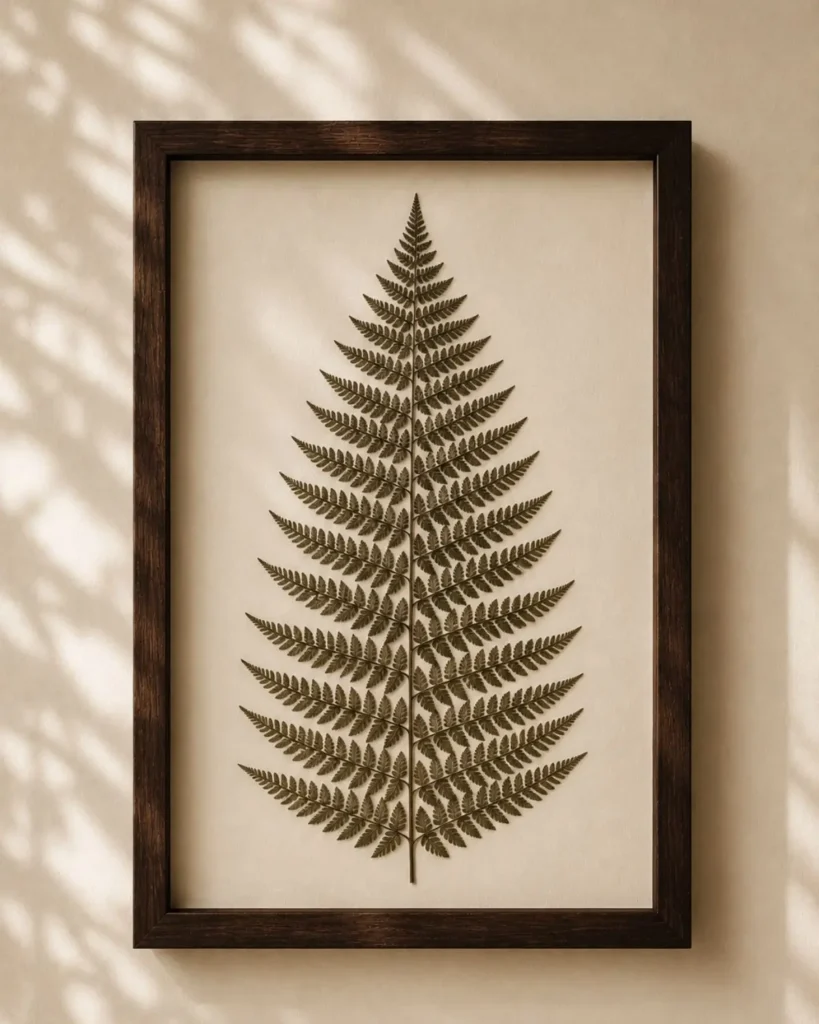 Real pressed fern wall art in dark walnut wood frame with sophisticated botanical decor