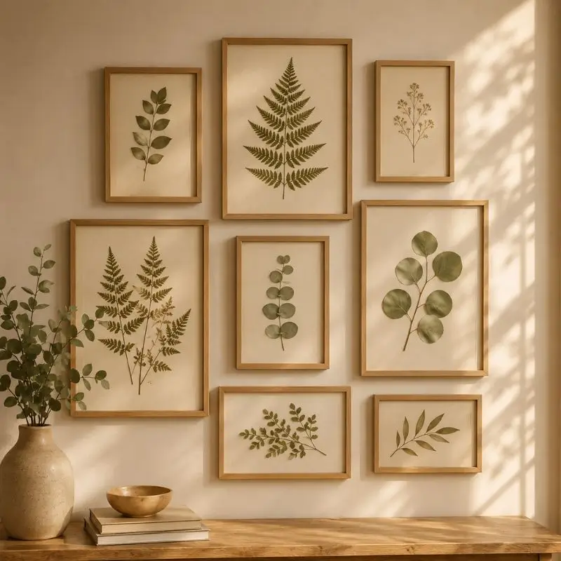 Parede decorada com vários quadros de folhas prensadas em estilo natural e elegante