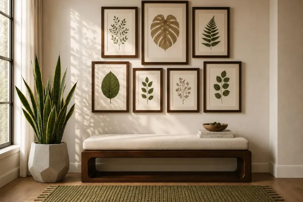 Pressed botanical gallery wall with mahogany wood frames above a modern bench in a minimalist entryway