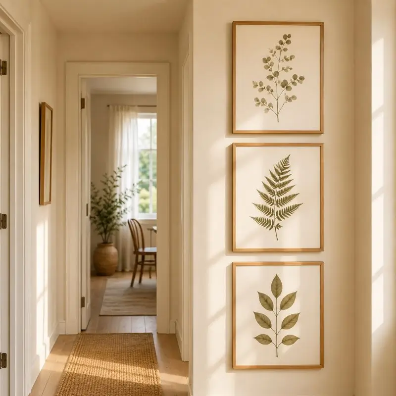 Decoração com quadros de folhas prensadas em corredor estreito com luz natural