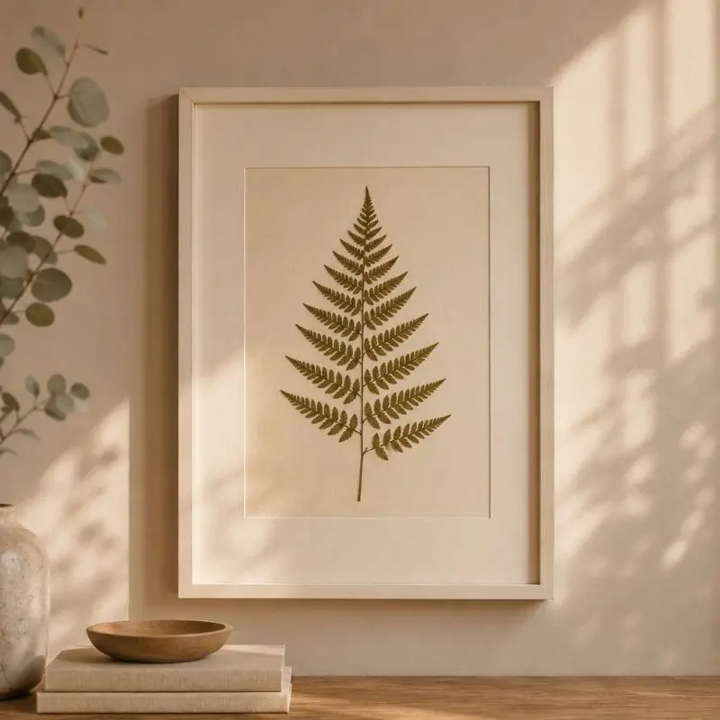 Quadro com folha prensada em moldura clara com decoração minimalista